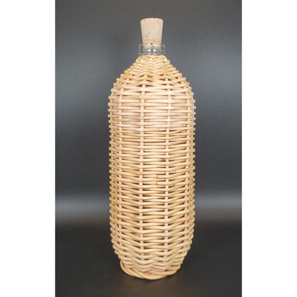 Crate & Barrel Wicker Wrapped Glass Bottle 12" Rattan Decor w/ Cork - Picture 4 of 6